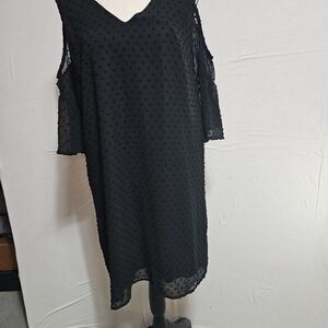 Blue Rain Womens  Cold Shoulder Dress Swiss Dot Solid Black V‎ Neck, MEDIUM NWT